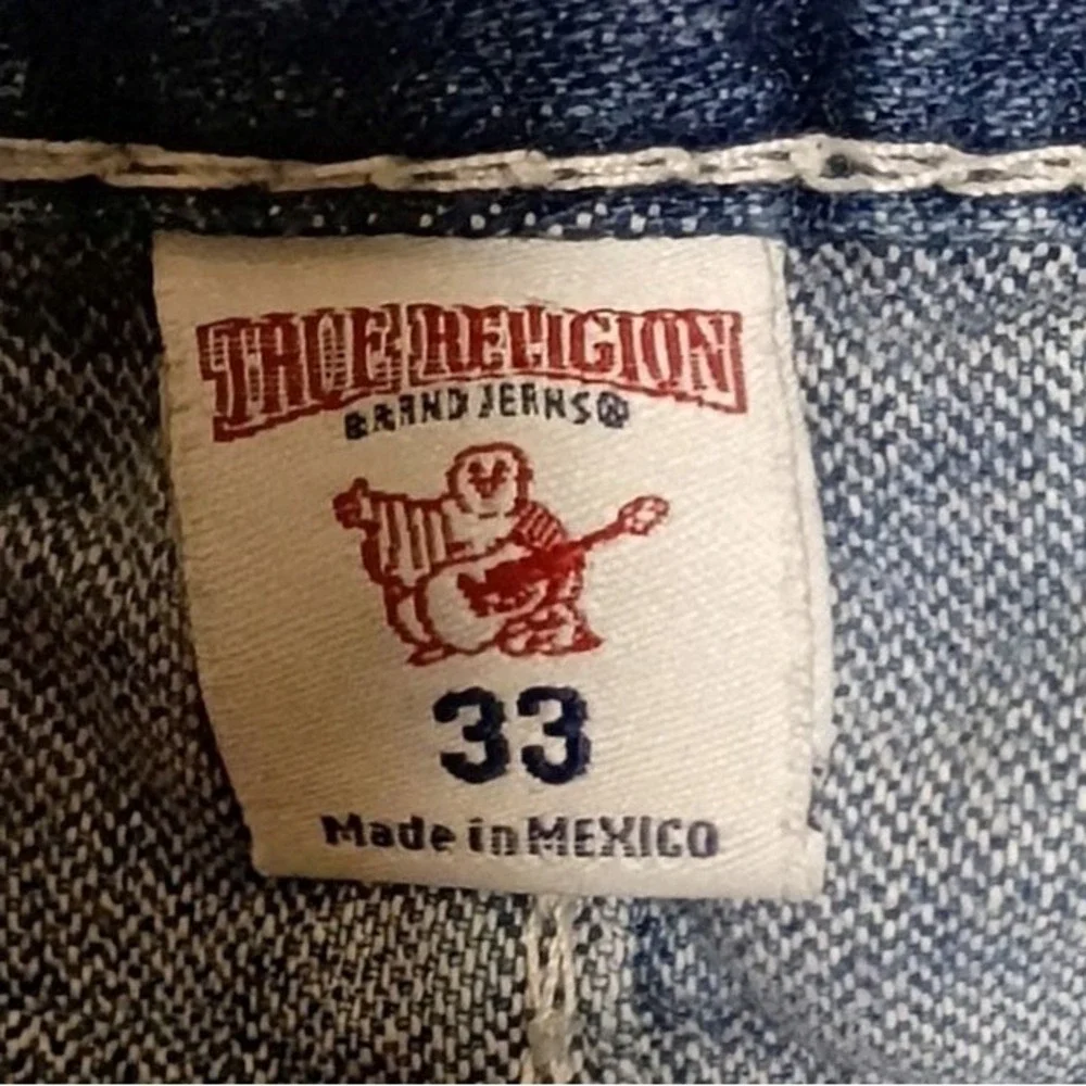 Size 33 True Religion Straight Leg Jeans Blue Thick White Contrast Stitch Flap